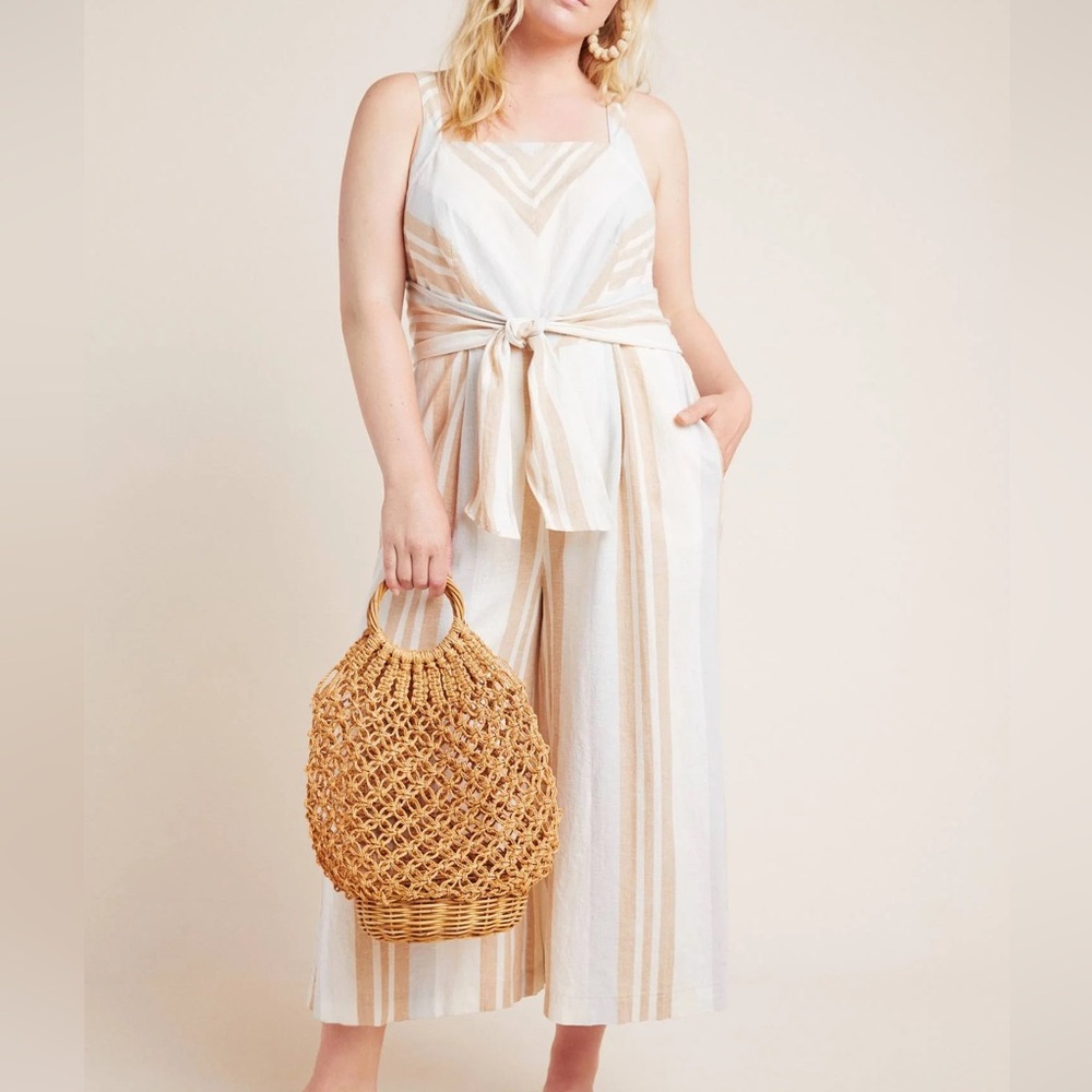 Anthropologie Savannah Striped Jumpsuit Cream Tan Linen Blend Wide Leg Size 12